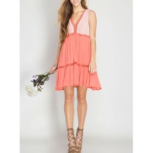 V-Neck Dress W/Lace Contrast & Tassel Tie